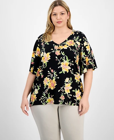 Jm Collection Plus Printed Flared-Sleeve V-Neck Top, Exclusively at Macy's