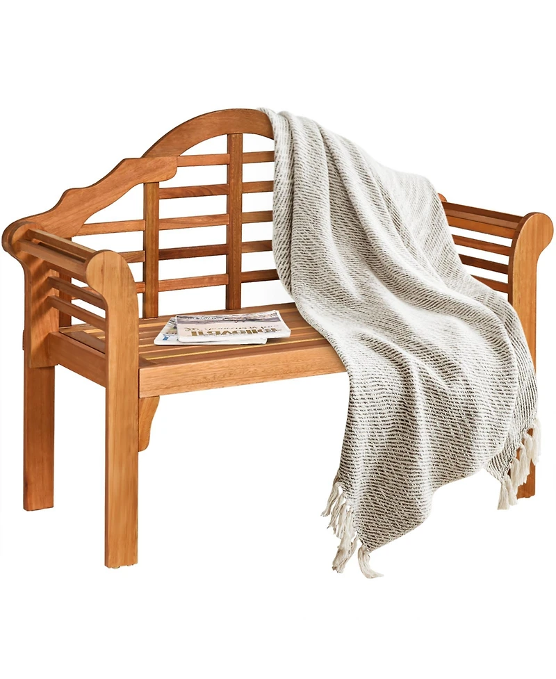 49 Inch Eucalyptus Wood Outdoor Folding Bench with Backrest Armrest for Patio Garden