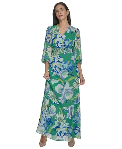 Jessica Howard Women's Printed Puff-Sleeve V-Neck Maxi Dress