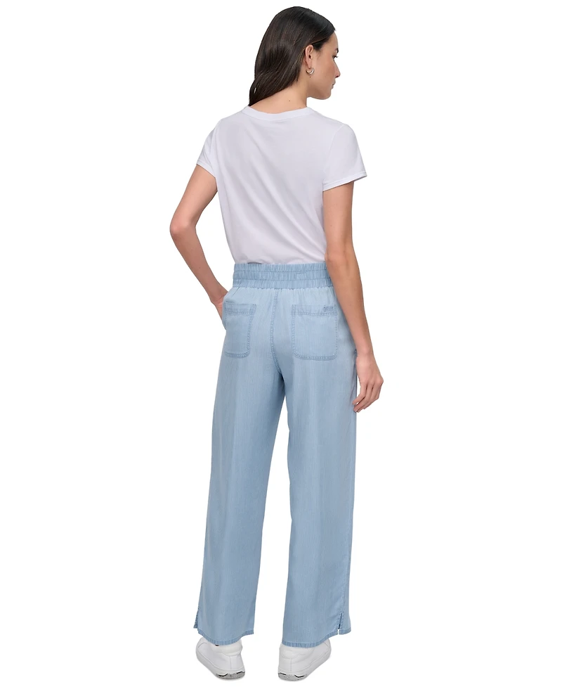 Dkny Jeans Petite Chambray Smocked-Waist Wide-Leg Pants
