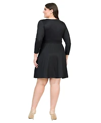 24seven Comfort Apparel Plus Chic V-Neck Long Sleeve Belted Dress