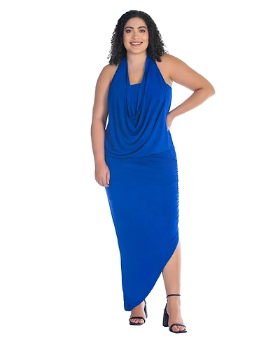 24seven Comfort Apparel Plus Cowl Neck Long Asymmetrical Backless Halter Dress