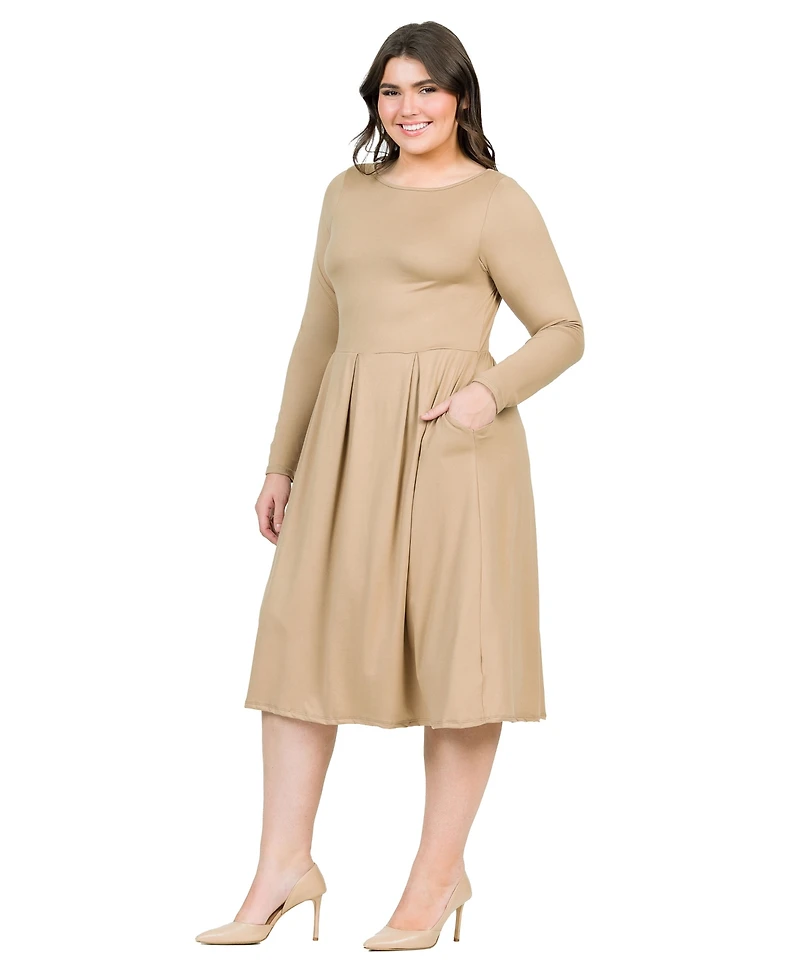 24seven Comfort Apparel Plus Long Sleeve Fit and Flare Midi Dress