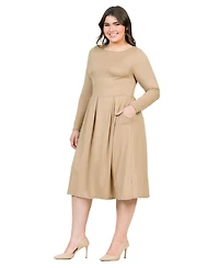 24seven Comfort Apparel Plus Long Sleeve Fit and Flare Midi Dress