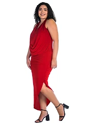 24seven Comfort Apparel Plus Cowl Neck Long Asymmetrical Backless Halter Dress
