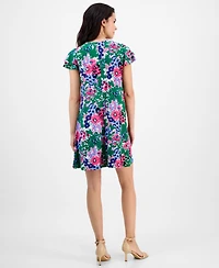 Ak Anne Klein Petite Floral-Print Flutter-Sleeve Shift Dress
