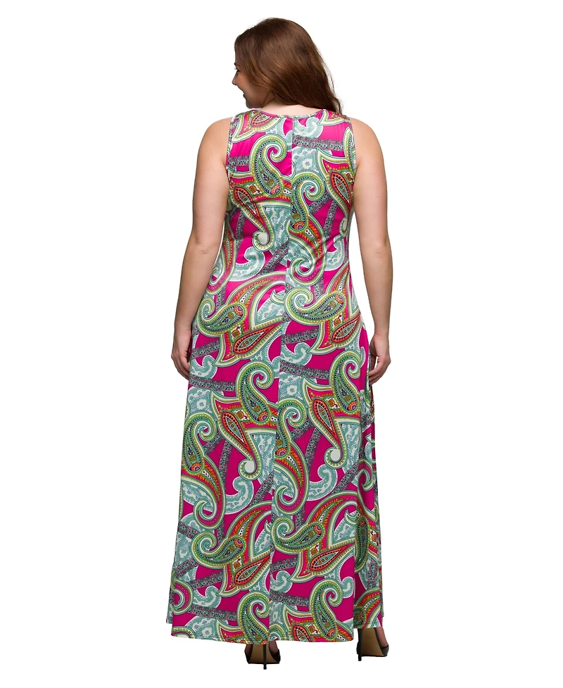 24seven Comfort Apparel Plus Print Scoop Neck A-Line Sleeveless Maxi Dress