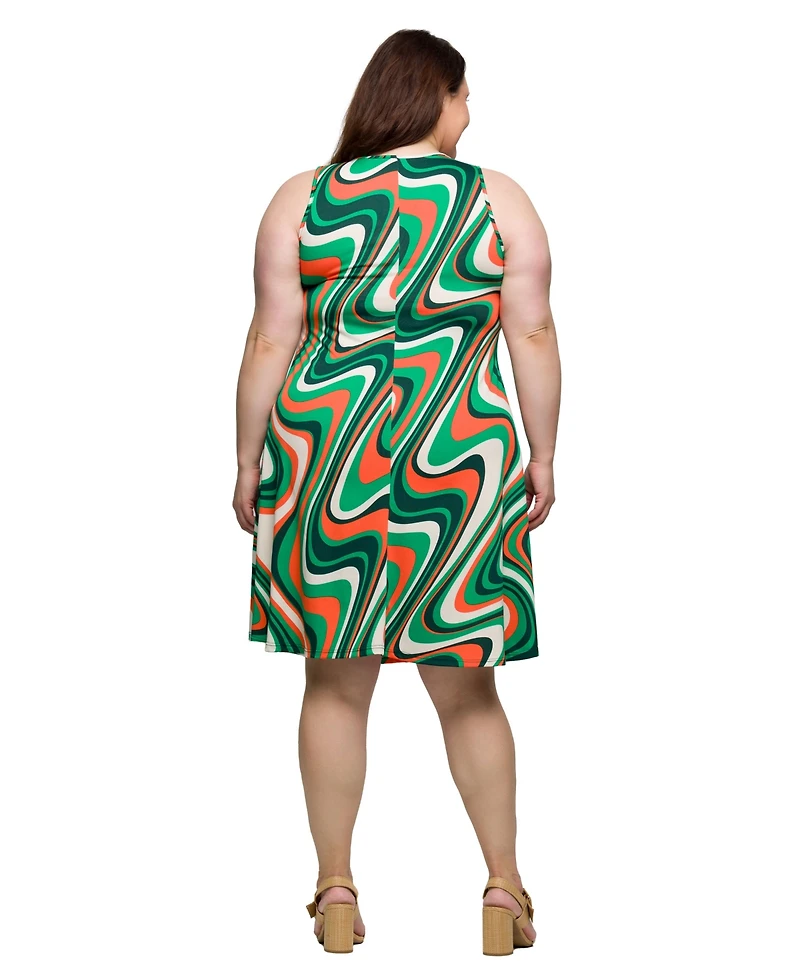 24seven Comfort Apparel Plus Print Sleeveless Knee Length Tank Swing Dress