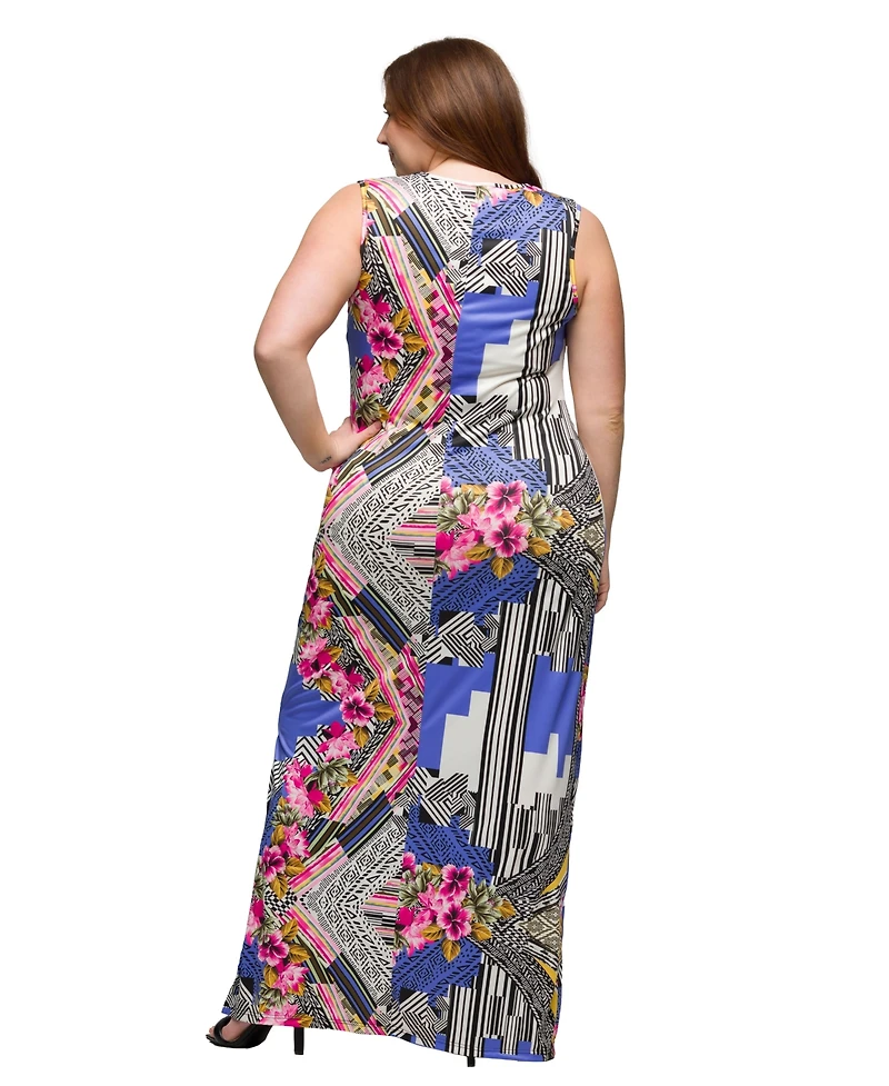 24seven Comfort Apparel Plus Size Print Sleeveless Side Slit Maxi Dress