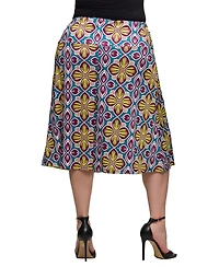 24seven Comfort Apparel Plus Print Comfortable Elastic Waist Knee Length Skirt
