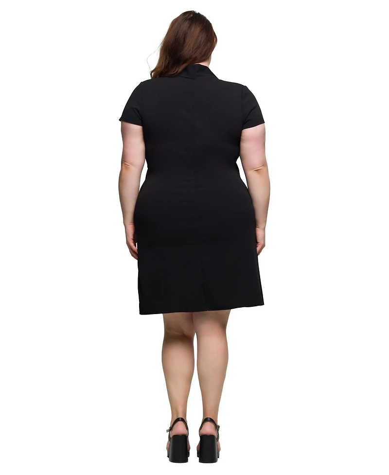 24seven Comfort Apparel Plus Mandarin Collar Knee Length Wrap Dress