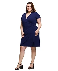 24seven Comfort Apparel Plus Mandarin Collar Knee Length Wrap Dress