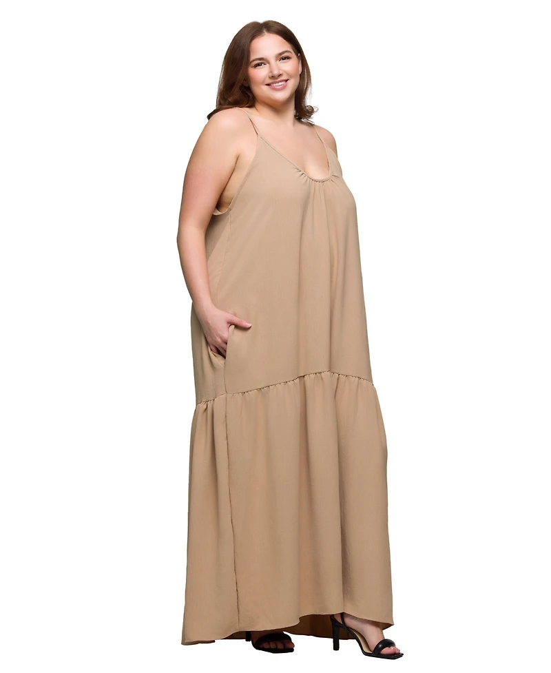 24seven Comfort Apparel Plus Lightweight Spaghetti Strap Pocket Maxi Dress