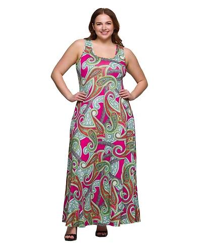 24seven Comfort Apparel Plus Print Scoop Neck A-Line Sleeveless Maxi Dress