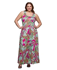24seven Comfort Apparel Plus Print Scoop Neck A-Line Sleeveless Maxi Dress