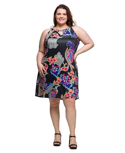 24seven Comfort Apparel Plus Knee Length Print Sleeveless Keyhole Dress