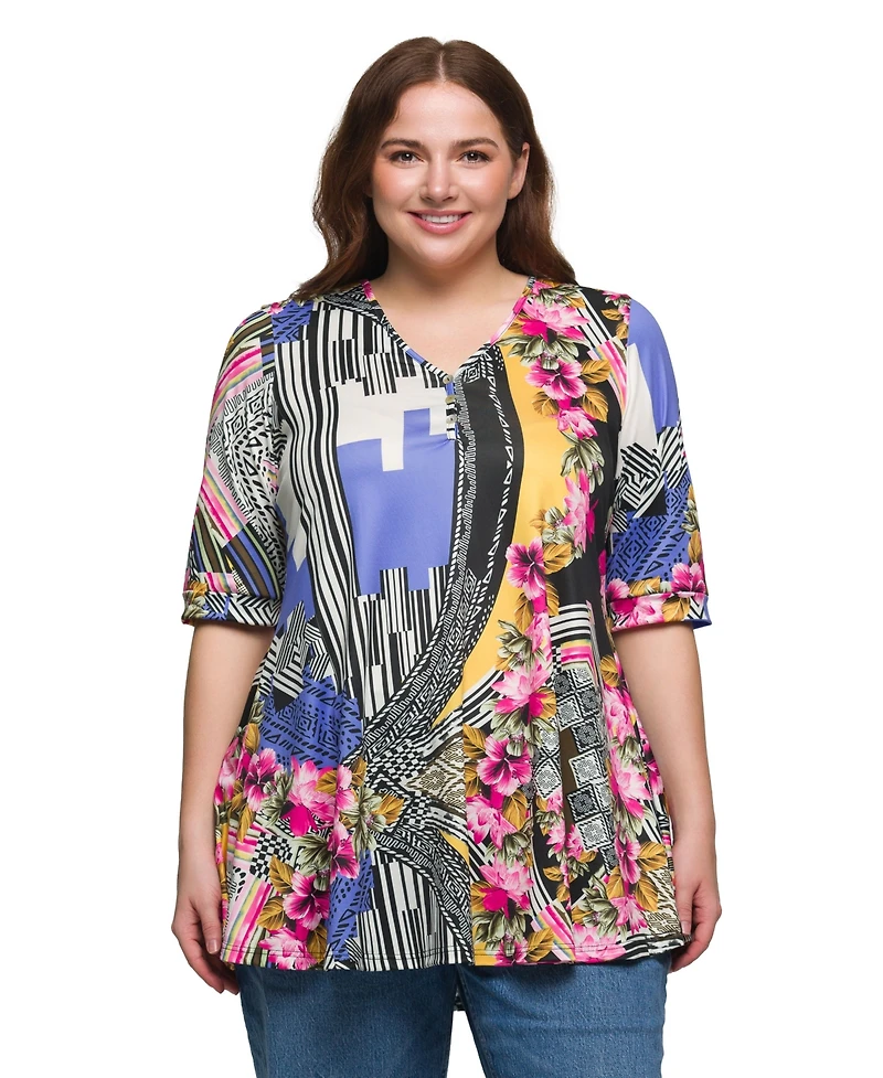 24seven Comfort Apparel Plus Print Elbow Sleeve V-Neck Henley Tunic Top