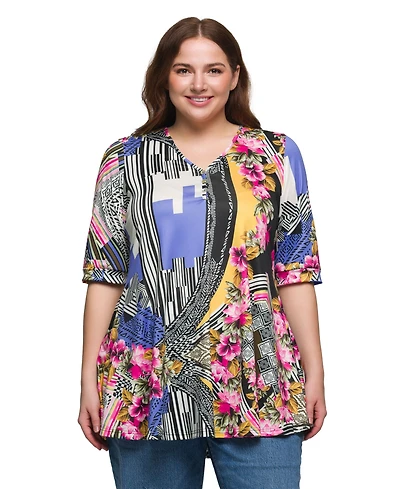 24seven Comfort Apparel Plus Print Elbow Sleeve V-Neck Henley Tunic Top