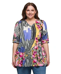 24seven Comfort Apparel Plus Print Elbow Sleeve V-Neck Henley Tunic Top