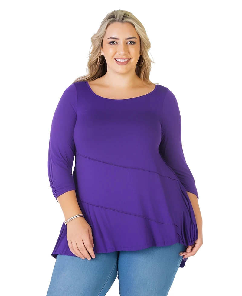 24seven Comfort Apparel Plus Size Ruched Sleeve Swing Tunic Top