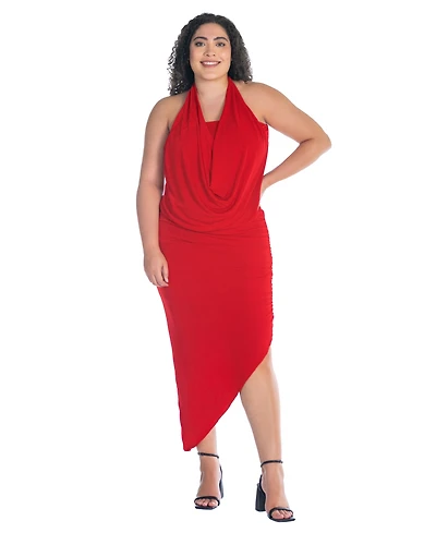 24seven Comfort Apparel Plus Cowl Neck Long Asymmetrical Backless Halter Dress
