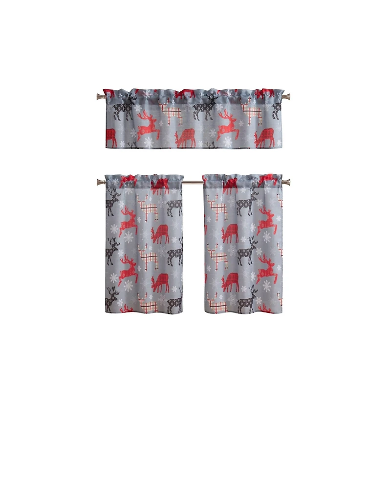 Kate Aurora Complete Plaid Christmas Reindeer Snowflakes 3 Pc Kitchen Curtain Tier And Valance Set