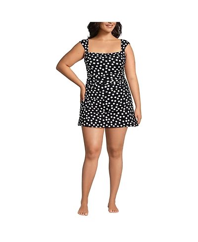 Lands' End Women's Smoothing Square Neck Ruched Swim Dress Swimsuit