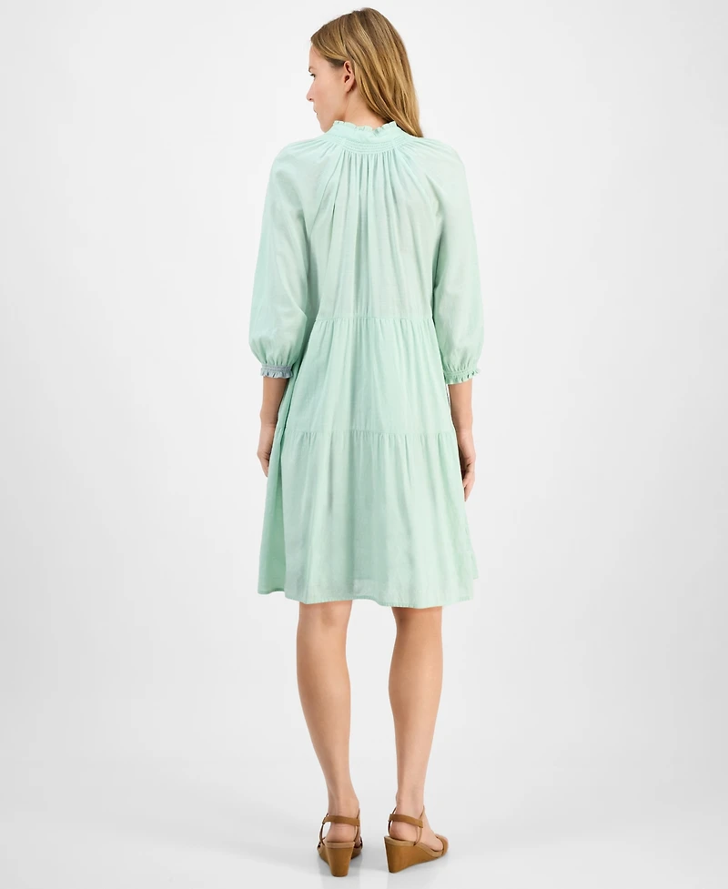 Style & Co Petite Smocked 3/4-Sleeve Tiered Shirtdress, Exclusively at Macy's