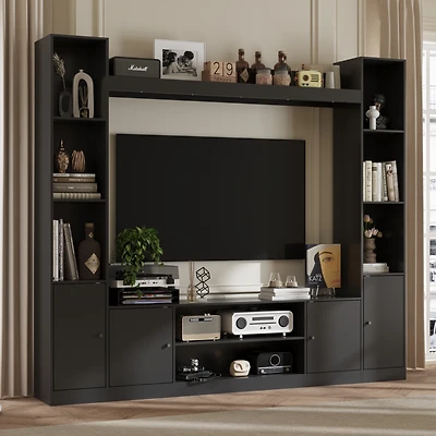 Black four-door Tv stand, media console with movable shelves, multi-purpose entertainment center