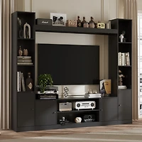Black four-door Tv stand, media console with movable shelves, multi-purpose entertainment center