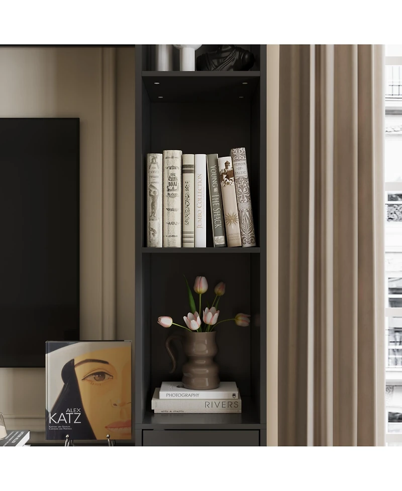 Black four-door Tv stand, media console with movable shelves, multi-purpose entertainment center