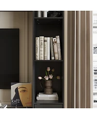 Black four-door Tv stand, media console with movable shelves, multi-purpose entertainment center