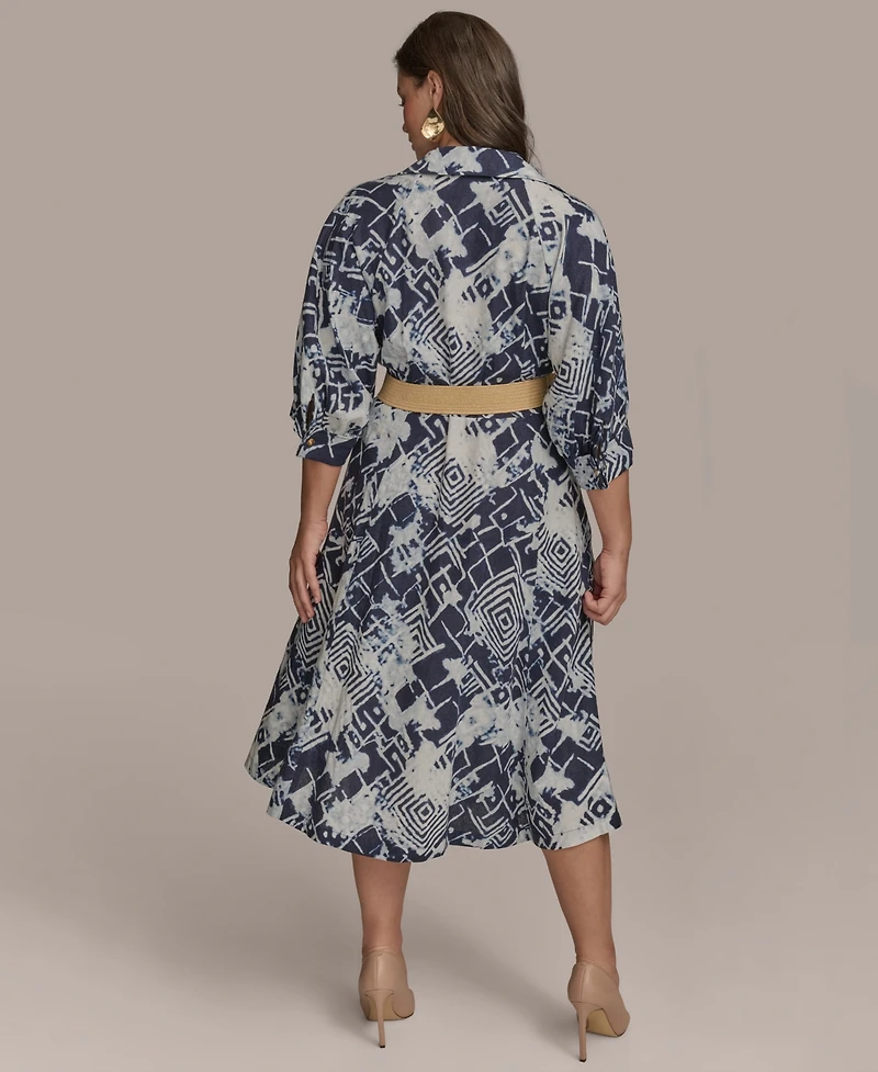 Donna Karan New York Plus Printed Belted 3/4-Sleeve Shirt Dress