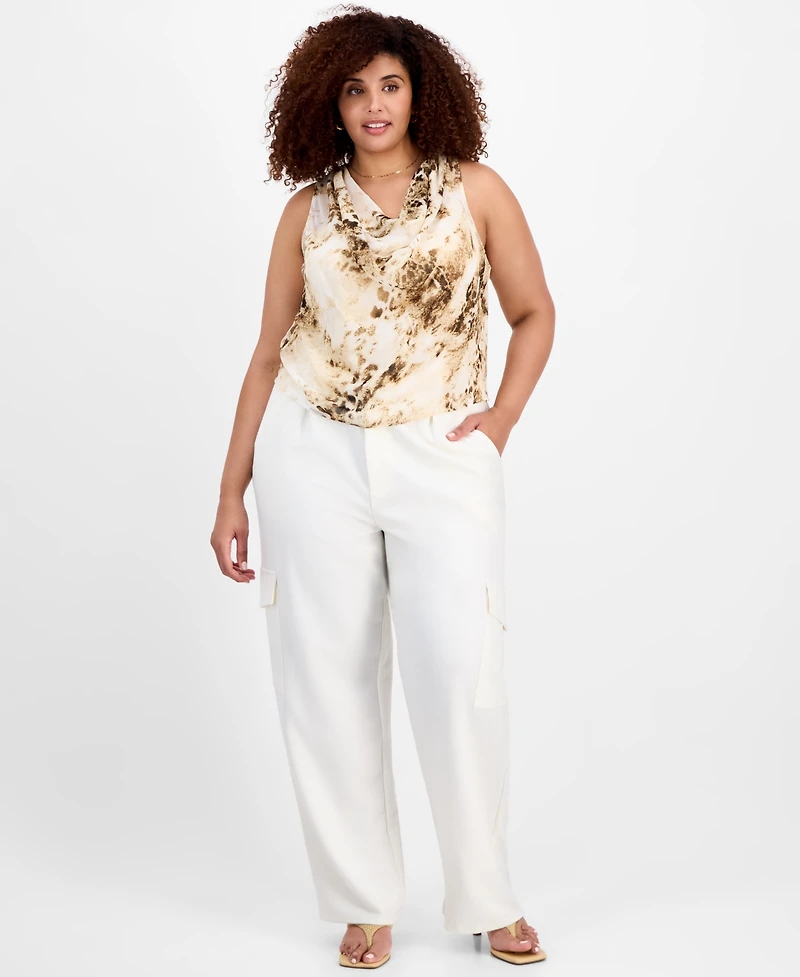 Bar Iii Plus Size Printed Chiffon Cowlneck Sleeveless Top, Exclusively at Macy's