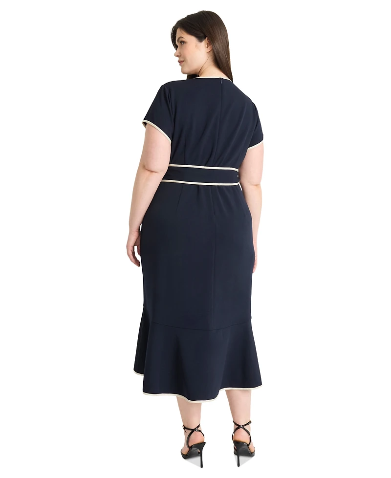 Maggy London Plus Size Contrast-Trim Tie-Waist Midi Dress