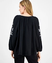 Style & Co Petite Cotton Textured Floral-Embroidered Blouse, Exclusively at Macy's