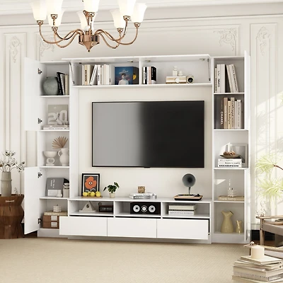 Tv stand with bookshelf and 10 cabinet doors, multi-purpose media console, entertainment center in white wood