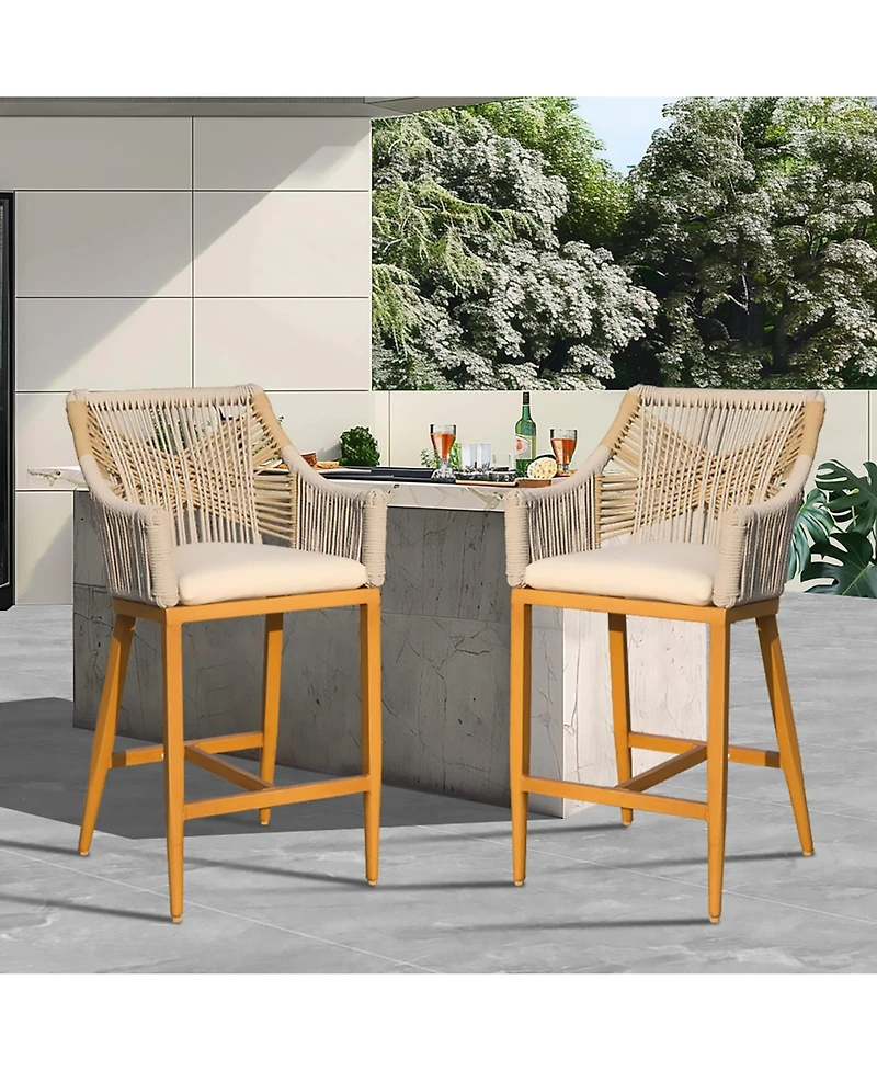 Bar Stools Set of 2 with Arm and Backrest, Outdoor Counter Height Chairs Cushion, Aluminum Tall stools-Rounded Backre