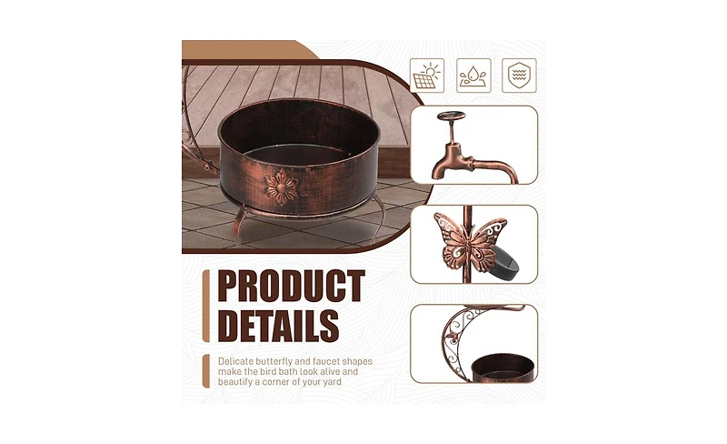 Vintage Metal Garden Bird Bath with Solar Lamp and Flower Planter Pedestal Standing Bird Feeder