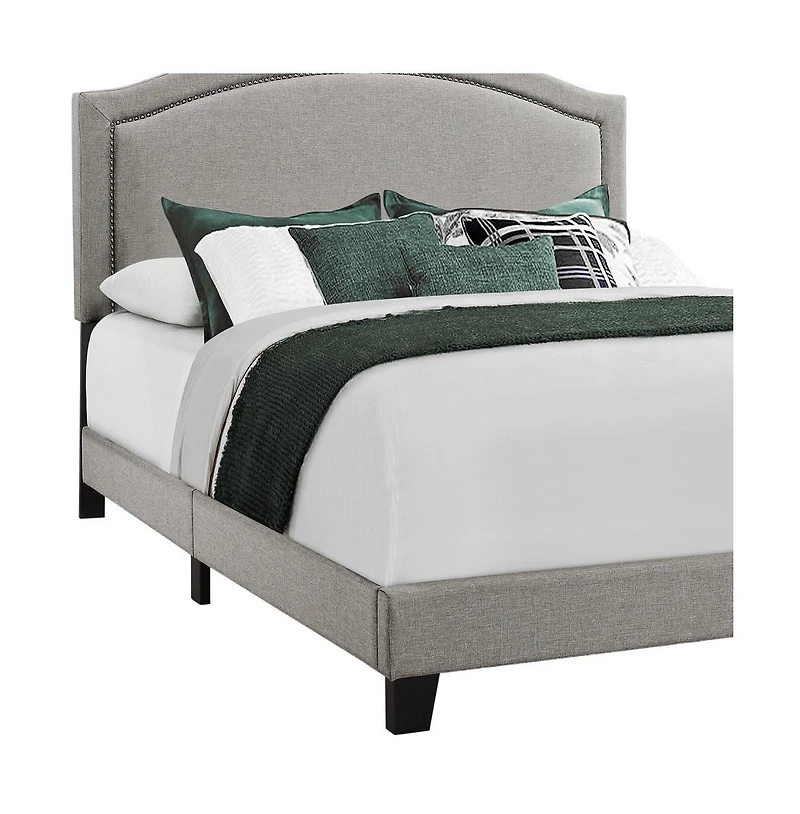 Elegant Solid Wood Bed Frame with Upholstered Linen and Nailhead Accents