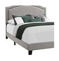 Elegant Solid Wood Bed Frame with Upholstered Linen and Nailhead Accents