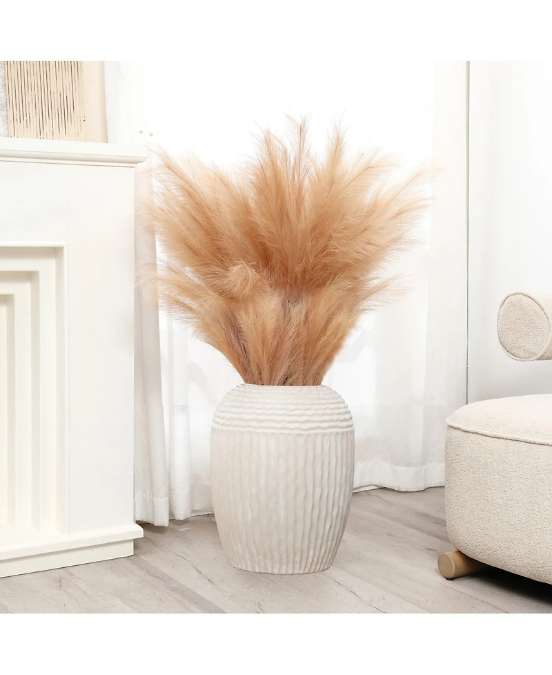 LuxenHome Beige Ribbed Round 15.2-Inch Tall MgO Vase