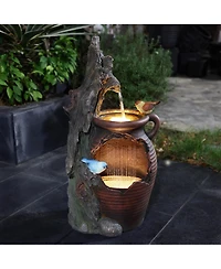 LuxenHome Rain Barrel with Tree and Birds 2.5-Feet Tall Outdoor Polyresin Fountains with Light