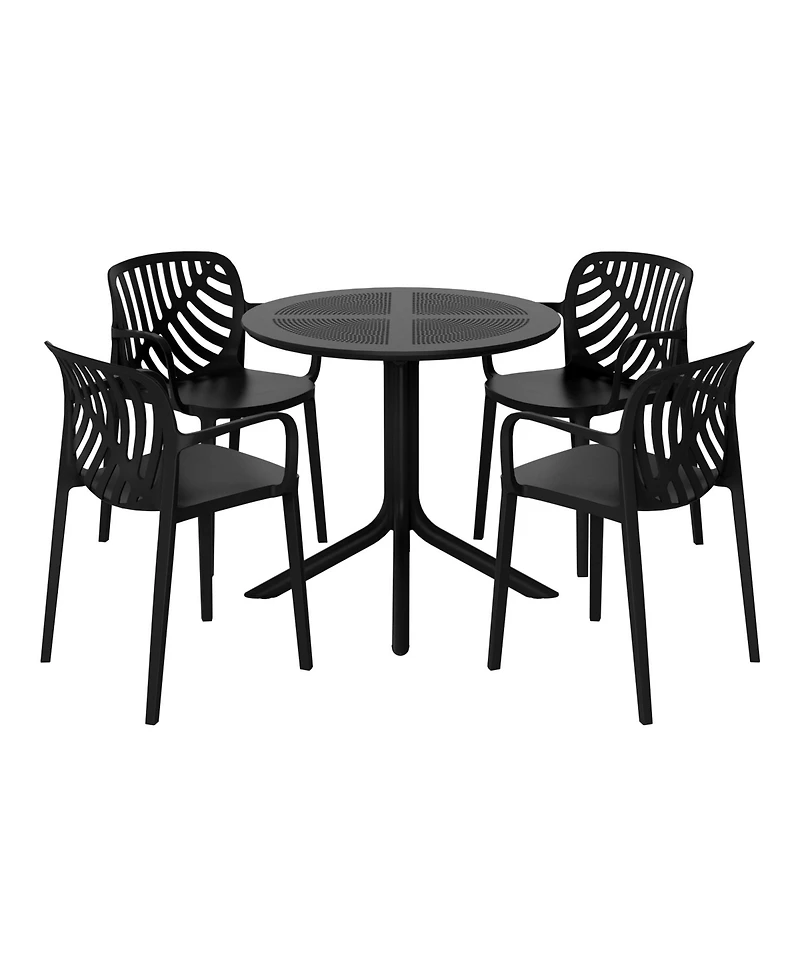 5-Piece Outdoor Resin Round Patio Dining Table Set with Modern Stackable Chairs
