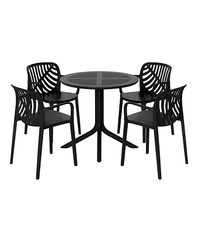 5-Piece Outdoor Resin Round Patio Dining Table Set with Modern Stackable Chairs
