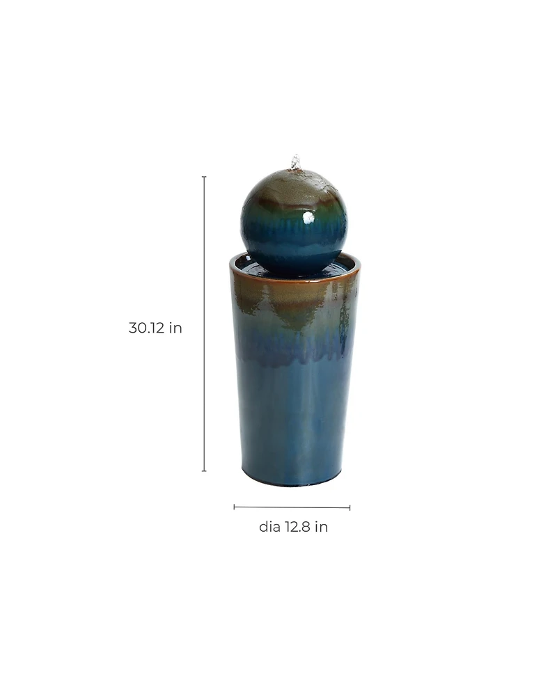 LuxenHome Glazed Blue and Brown Duo-Tone Sphere on Round Pillar Bubbler 30-Inch Tall Ceramic Fountain