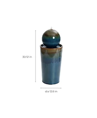LuxenHome Glazed Blue and Brown Duo-Tone Sphere on Round Pillar Bubbler 30-Inch Tall Ceramic Fountain