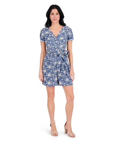 kensie Women's Eyelet Short-Sleeve Belted Romper