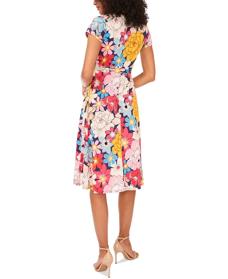 Msk Petite Printed O-Ring-Trim Short-Sleeve Dress