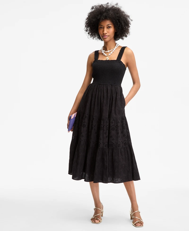 On 34th Women's Smocked Embroidered Eyelet Midi Dress, Exclusively at Macy's